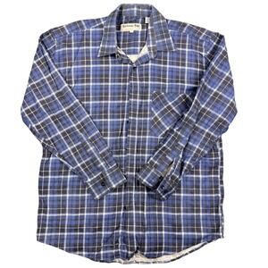 Mackenzie Ridge Mens Blue Black Plaid Flannel Shirt Ramie Cotton Blend Large